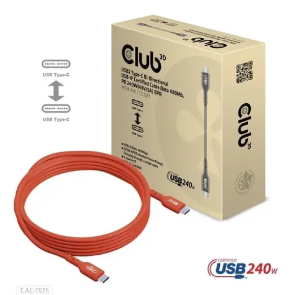 Club3D CAC-1515 oranžový / Kabel USB-C - USB-C / PD 240W (48V/5A) / 4 m / USB 2.0 (CAC-1515)