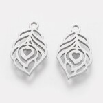 Přívěsek z nerezové oceli - platinový - pírko se srdíčkem - 17,7 x 10,4 x 1 mm - 1 ks