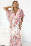 603-4 Vzdušné maxi šaty s obálkovým výstřihem a květinovým vzorem - PINK Roses UNI