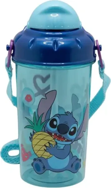 STOR Láhev na pití s popruhem Stitch 465 ml / Plast bez BPA / Se slámkou a víčkem (75022)