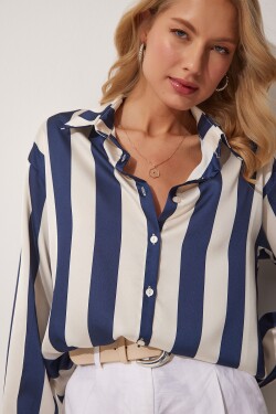 Happiness İstanbul Women's Navy Blue Cream Striped Satin Shirt