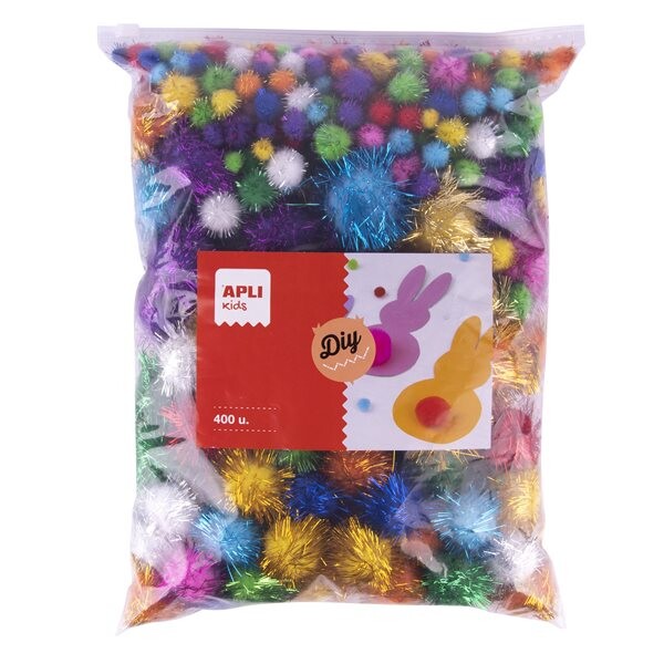 APLI POM - POM kuličky se třpytkami, Jumbo pack, 400 ks, mix velikostí a barev