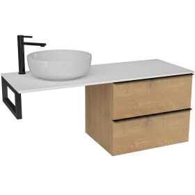 CERANO - Koupelnová skříňka Velora - dub medový, úchytka černá + deska pod umyvadlo z lit. mramoru Elanys - 12 mm + konzole černá - 160x54,2x46,5 CER-679398