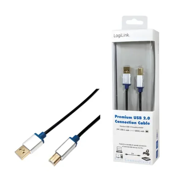 LogiLink USB-A - USB-B 2m černá / Kabel / hliníkové pouzdro / USB 2.0 (BUAB220)