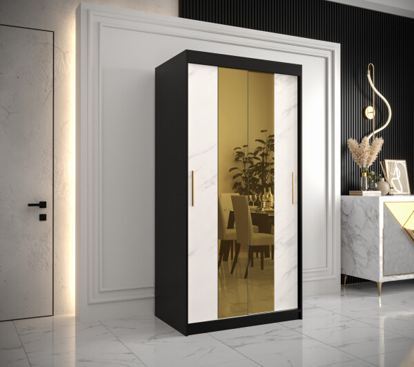 Šatní skříň Abi Golden T1 Barva korpusu: Černá, Rozměry: 100 cm, Dveře: Bílý mramor se zlatým zrcadlem