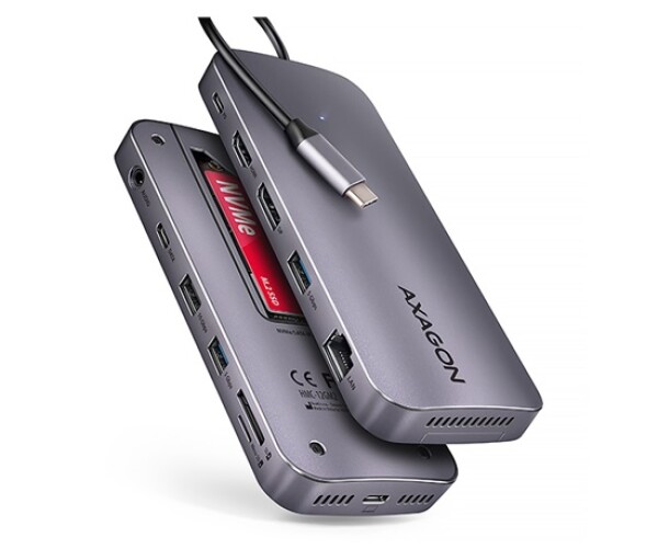 AXAGON HMC-12GM2, USB 10Gbps hub, 3x USB-A, USB-C, HDMI, DP, RJ-45 GLAN, M.2, SD/mSD, audio, PD 100W, kabel USB-C 50cm EDF_1023675