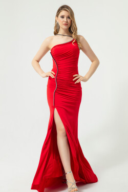 Lafaba Women's Red Stone Strap Slit Long Evening Dress