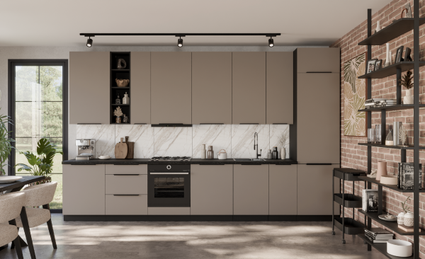 Kuchyňská linka 390 cm Aria 2 Barva korpusu: Černá, Barva dvířek: TA - Sandgrau AFM