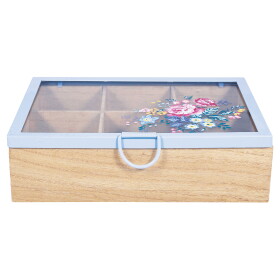 GREEN GATE Dřevěná krabička na čaj Elina White, růžová barva, modrá barva, přírodní barva, sklo, dřevo, kov