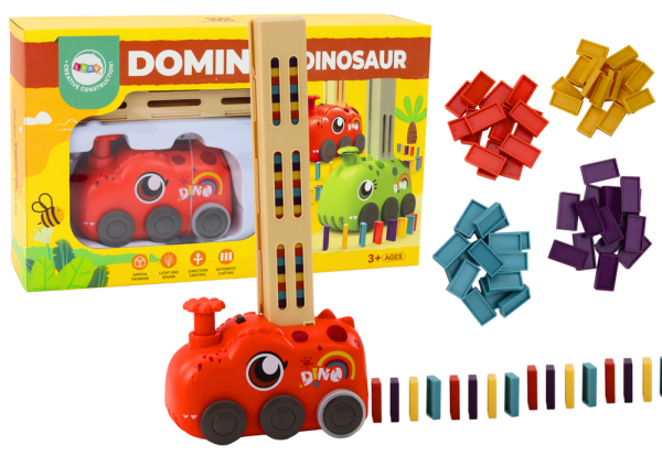 Mamido Červené autíčko dinosaurus na baterie s barevným domino 4 barvy kostek