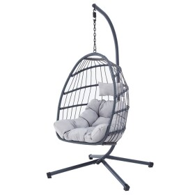 Zahradní závěsné křeslo, výplet antracit umělý ratan, potah šedá látka