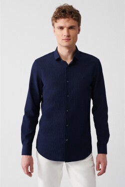 Avva Men's Blue Classic Collar Embossed Cotton Slim Fit Slim Fit Shirt