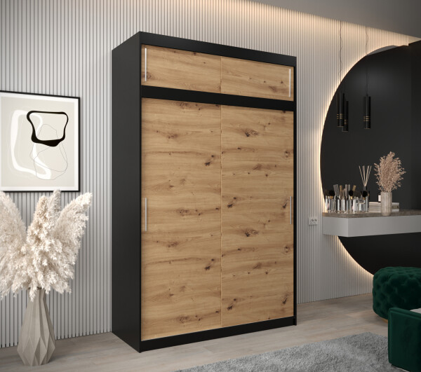 Šatní skříň Abi T0 s nástavcem Barva korpusu: Černá, Rozměry: 150 cm, Dveře: Dub artisan