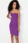 Trendyol fialový čtvercový límec špagetová ramínka žebrované flexibilní vypasované mini šaty