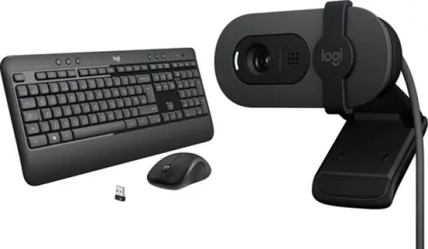 Logitech MK540 Advanced US + Brio 100 šedá / Bezdrátová sada klávesnice, myši a webkamery / USB