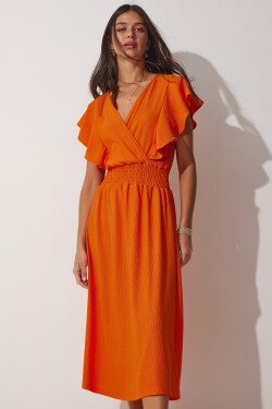 Happiness İstanbul Dámské oranžové volánové pletené šaty texturou