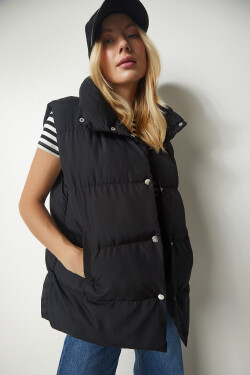 Happiness İstanbul Women's Black Snap Closure Oversize Puffer Vest