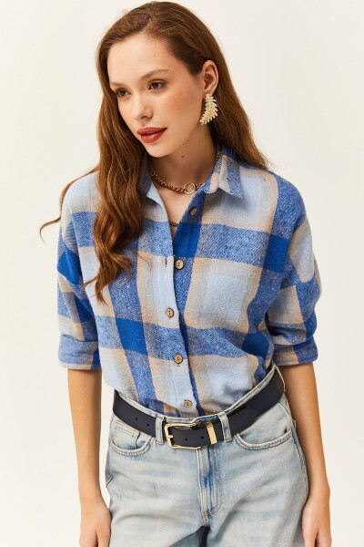 Olalook Women's Saxe Blue-Babe Blue Plaid Lumberjack Shirt