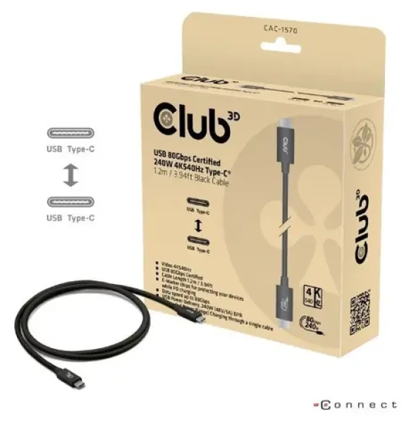 Club3D Kabel USB4 v2 Typ-C černá 1,2 m / Kabel / USB4 v2 / 80 Gbit/s / PD 240W / 4K 540Hz (CAC-1570)