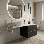 CERANO - Koupelnová skříňka Velora - černá matná, úchytka chrom + deska pod umyvadlo z lit. mramoru Elanys - 12 mm + konzole chrom - 120x54,2x46,5 CER-679359