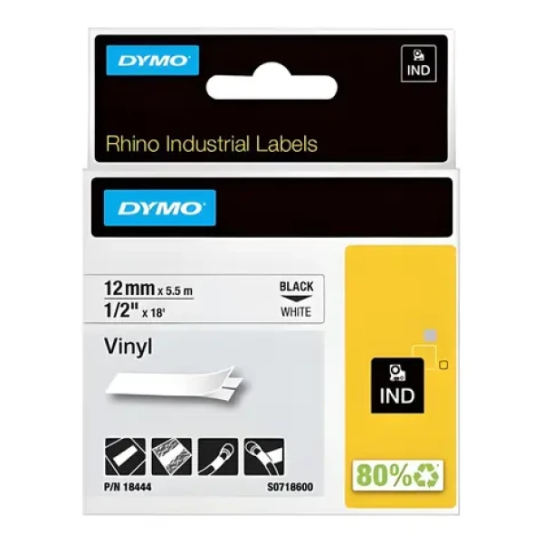 Dymo originální páska do tiskárny štítků 12mm x 5,5m (bílý podklad) / černý tisk / RHINO vinylová profi (18444)