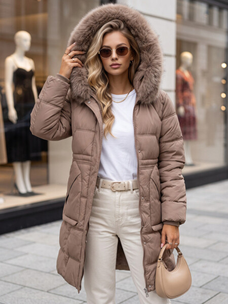 Dámská zimní prošívaná bunda s kapucí, béžová, FashionStreet TY5821 M