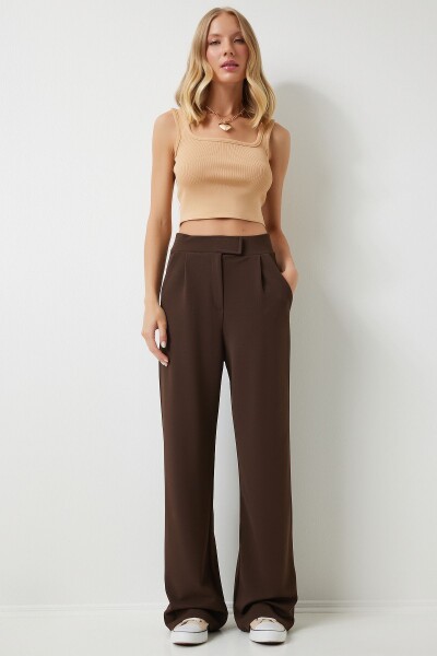 Happiness İstanbul Women's Brown Velcro Waist Comfortable Woven Trousers