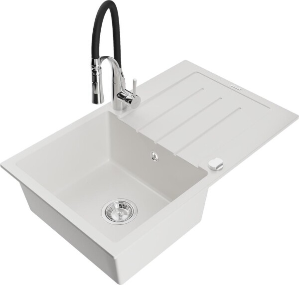 MEXEN - Bruno granitový dřez s odkapávačem včetně baterie Aster, bílá 6513-20-73450-07
