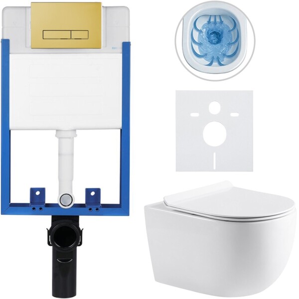 CERANO - Kompletní WC set Profi/Felci - bílá lesklá - WC tlačítko Slim/Zlatá - pro zazdění - 52,5x36 CER-333328