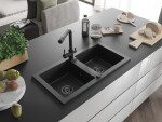 MEXEN/S - Mario granitový dřez 2-bowl včetně baterie Duero, černá/stříbrná metalik 6504-73-671600-70-B