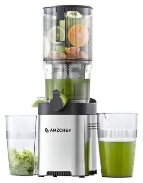 AMZCHEF CE-ZM1902B-SV / Pomalý odšťavňovač / plnicí otvor 142 mm / 3 stupně filtrace / zpětný chod / nádoba 700 ml (CE-ZM1902B-SV)