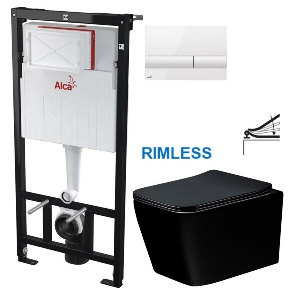 ALCA Sádromodul - předstěnový instalační systém s bílým tlačítkem M1710 + WC MEXEN TEO ČERNÁ Rimless + SEDÁTKO AM101/1120 M1710 ME02