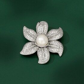 Bohatě zdobená brož s Pavé zirkony a pravou perlou, Stříbrná