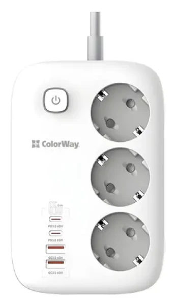 ColorWay CW-CHE34PDW bílá / Zásuvková lišta / 3x EU zásuvky / 2x USB-A / 2x USB-C / 2 m (CW-CHE34PDW)