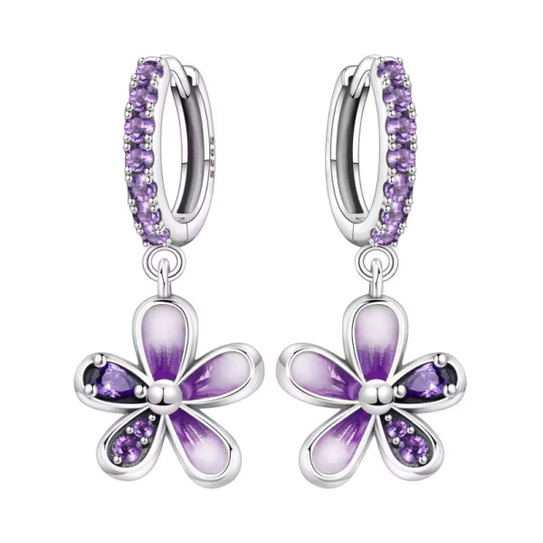 Stříbrné visací náušnice Fialový květ - stříbro 925/1000, Fialová