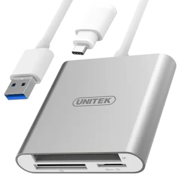 Unitek Y-9313D stříbrná / Čtečka paměťových karet / USB 3.0 / CF, SDXC, microSD / adaptér USB-C (Y-9313D)