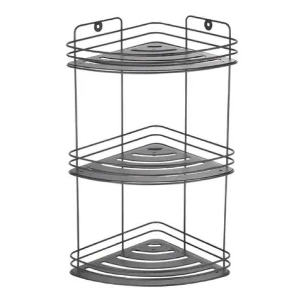 MSV KERY nástěnná rohová polička do koupelny - 3 patra matná černá / ocel (3700703909736)