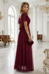 635-5 MELANIA dlouhé lesklé šaty s výstřihem a krátkými rukávy - vínové UNI