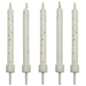 Svíčky dortové s držáky, sada 10ks, 55mm - bílé, třpytky