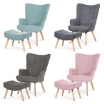 Křeslo "ušák" s podnožkou, potah šedá látka, dřevěné nohy, masiv kaučukovník