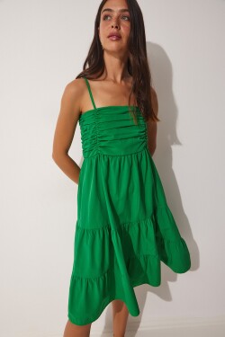 Štěstí İstanbul Dámské zelené páskové volánové letní popelínové šaty