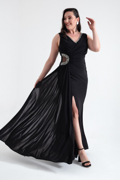 Lafaba Women's Black V-Neck Stone Detailed Long Evening Dress