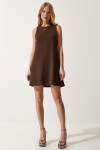 Happiness İstanbul Women's Brown Crew Neck Summer Woven Bell Dress