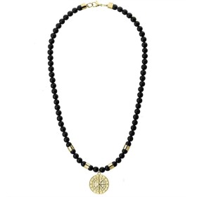 Pánský korálkový náhrdelník Diego Gold - přírodní onyx, větrná růžice, Zlatá 60 cm