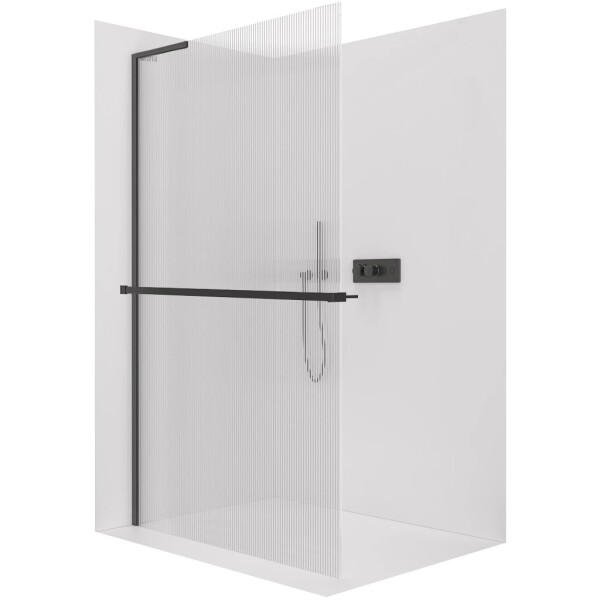 CERANO Sprchová zástěna Walk-in Onyx L-levá vzpěra - 8 mm + polička/držák na ručníky - černá matná, rýhované sklo - 110x200 cm