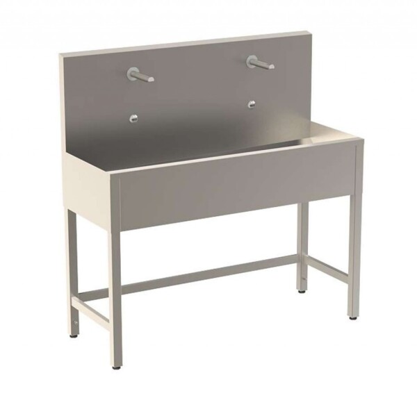 SANELA - Nerezové dřezy Celoopláštěný stojící mycí žlab 1250 mm, 2 senzorové baterie s termostatem, síťové napájení, antivandal, nerez SLUN 50ET