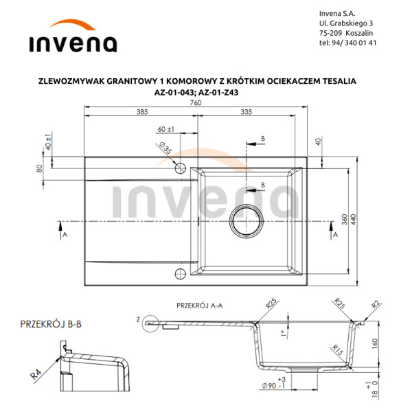 INVENA Granitový dřez TESALIA dlouhý odkap, černý automatickým sifonem, zlatý AZ-01-Z43-B