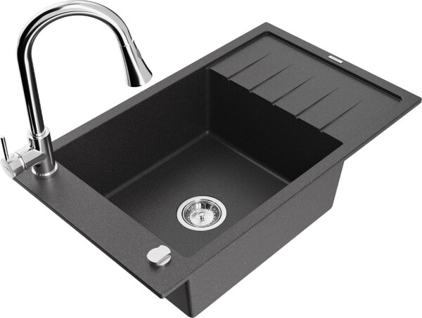 MEXEN/S - Elias granitový dřez 1 s odkapávačem včetně baterie Elia, černá kropenatá 6511-76-670101-00