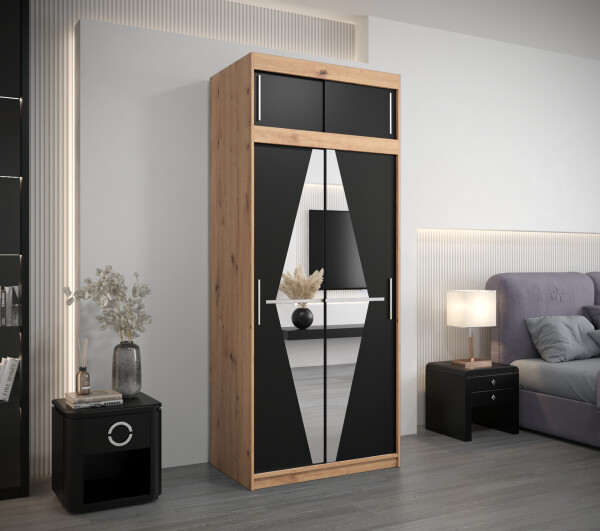 Šatní skříň Abi Bo s nástavcem Barva korpusu: Dub artisan, Rozměry: 100 cm, Dveře: Černá