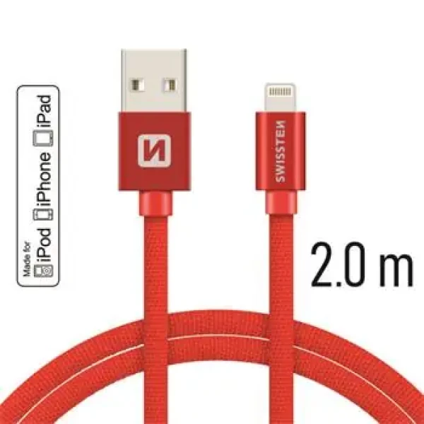 SWISSTEN TEXTILE datový kabel USB - Lightning MFi 2m červená (71524306)